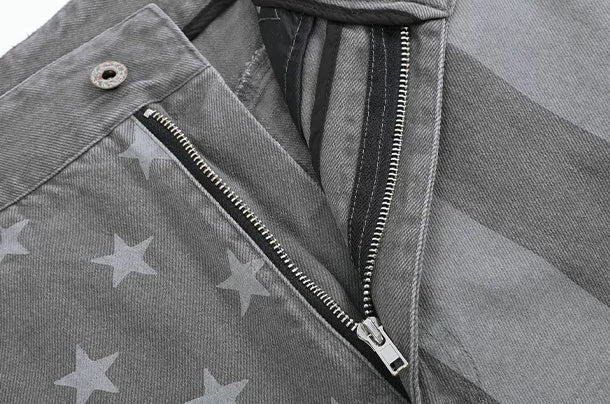 Star Stripe Flag Print Washed Wide Leg Pants - zip fly detail