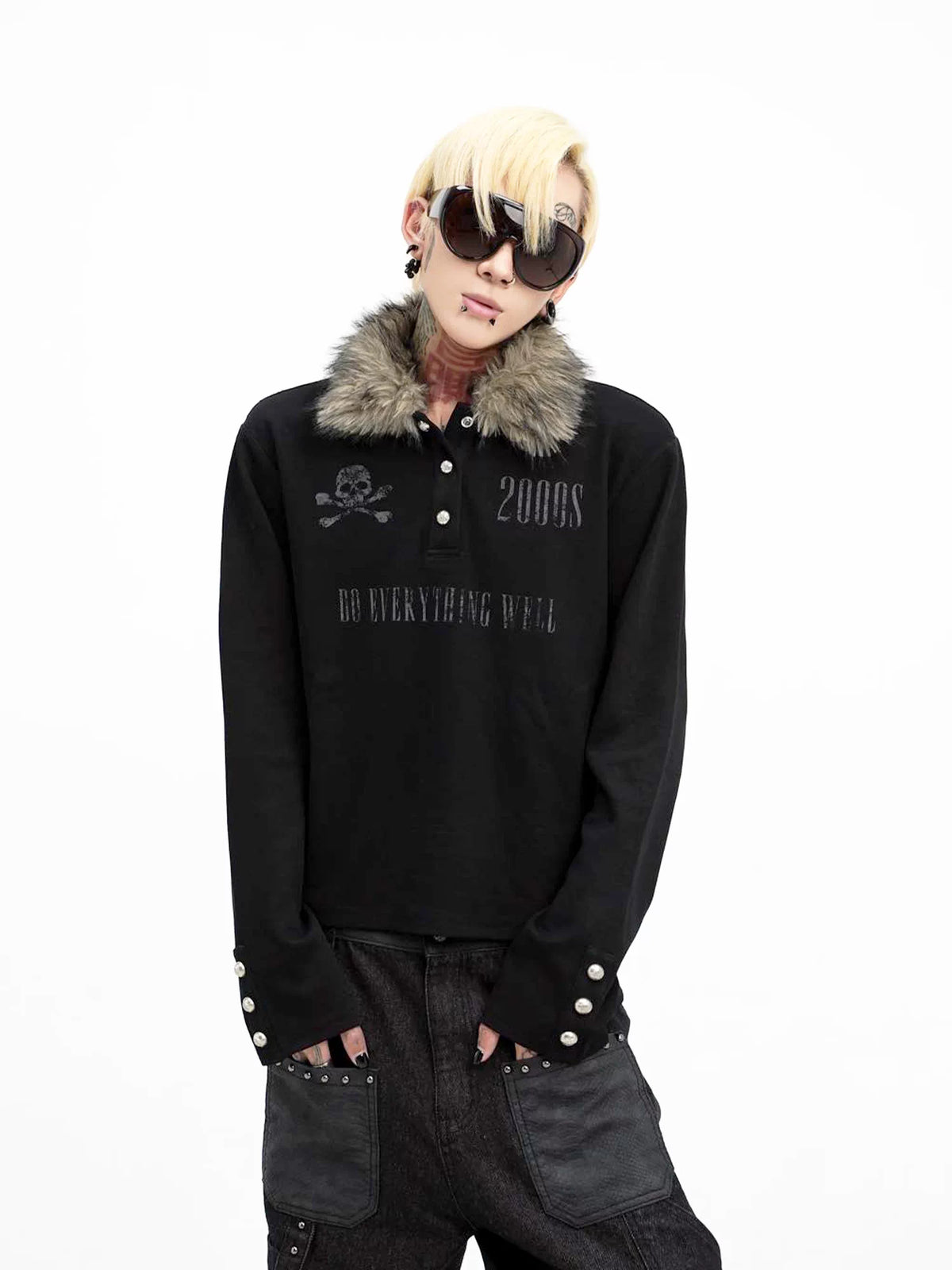 Faux Fur Collar Cropped Long Sleeve Polo - Black front model
