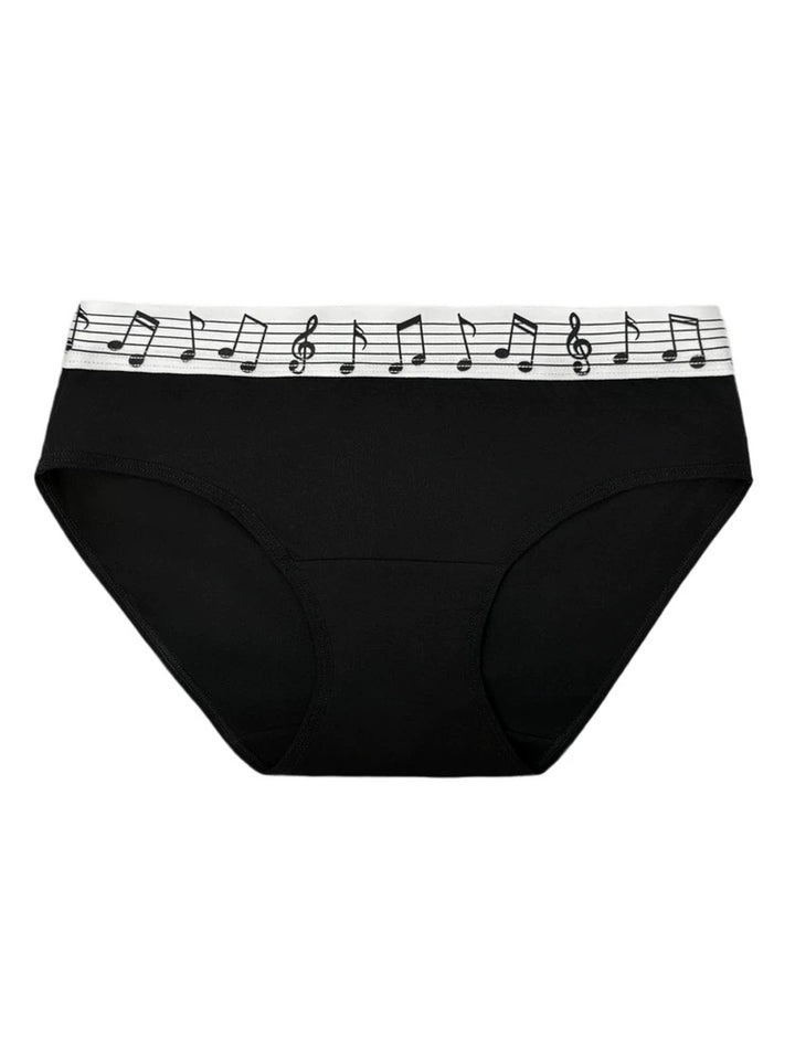Moire Music Note Mid-Rise Briefs - Black single brief, front