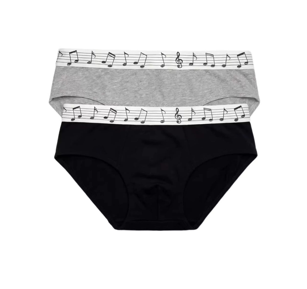 Moire Music Note Mid-Rise Briefs - Black and gray set, front view