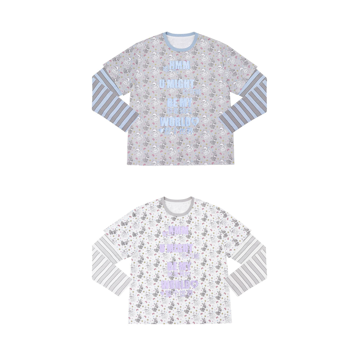 CFIERCE Cat & Rabbit Mock-Layered Long Sleeve Tee - blue and purple colorways side by side