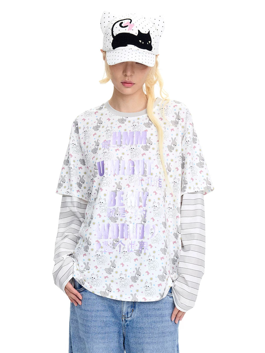 CFIERCE Cat & Rabbit Mock-Layered Long Sleeve Tee - purple print mock-layered tee modeled front