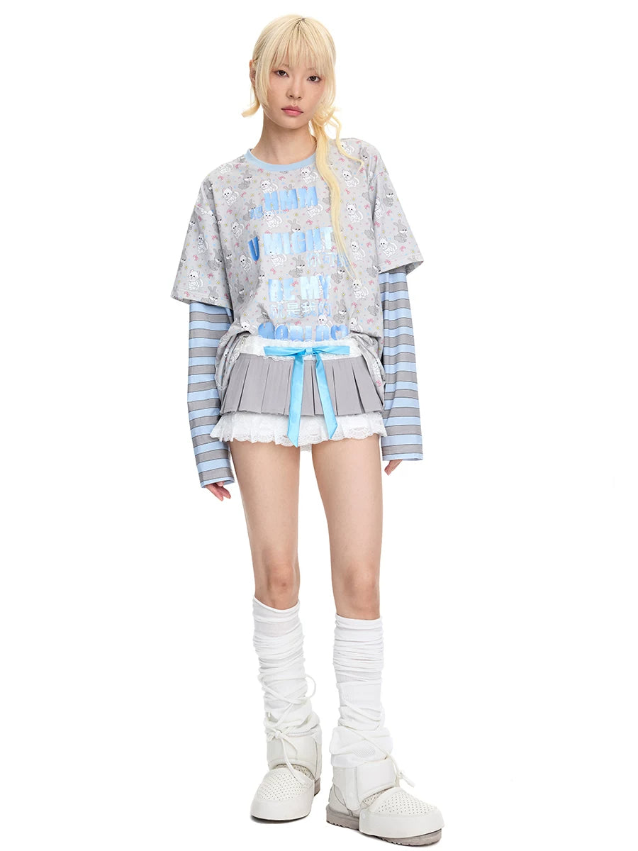CFIERCE Cat & Rabbit Mock-Layered Long Sleeve Tee - blue print mock-layered tee modeled full length