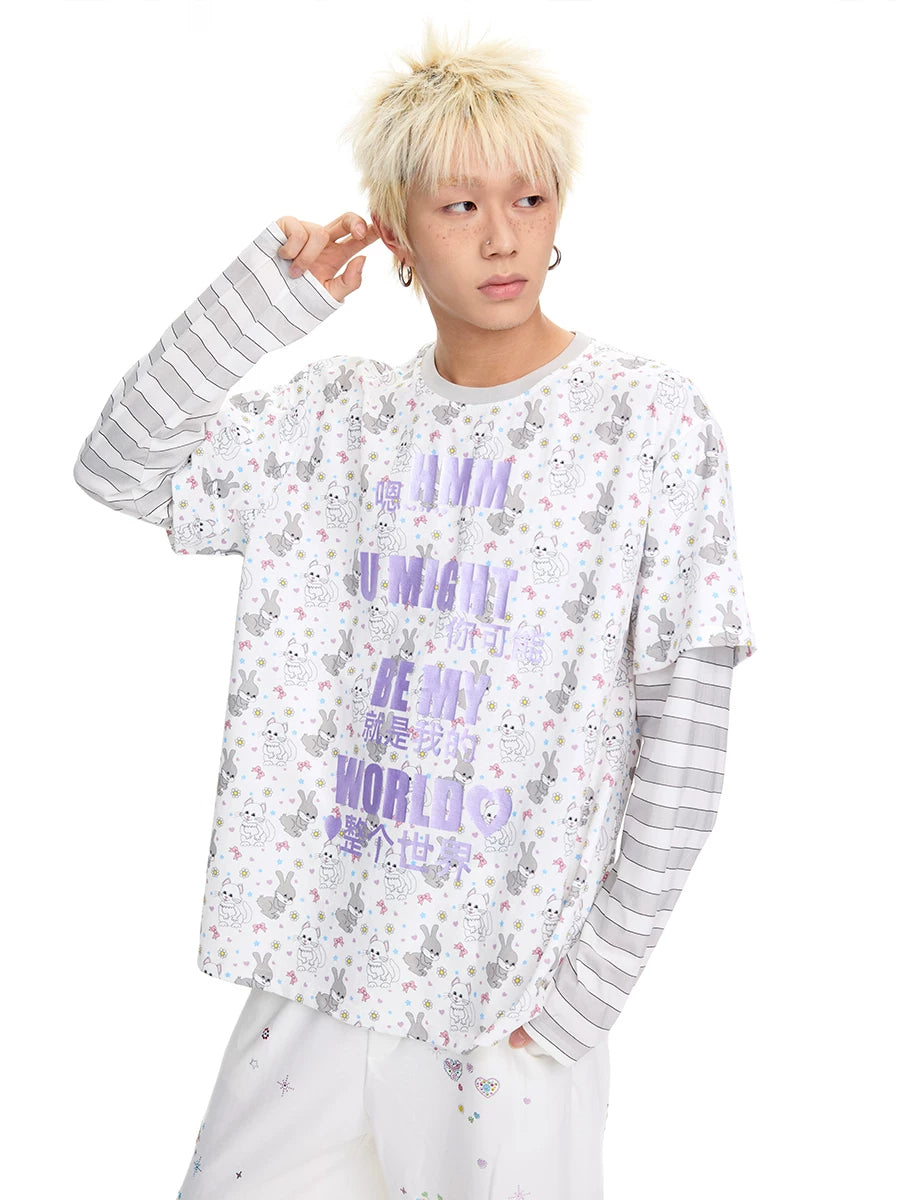 CFIERCE Cat & Rabbit Mock-Layered Long Sleeve Tee - purple print mock-layered tee modeled front close