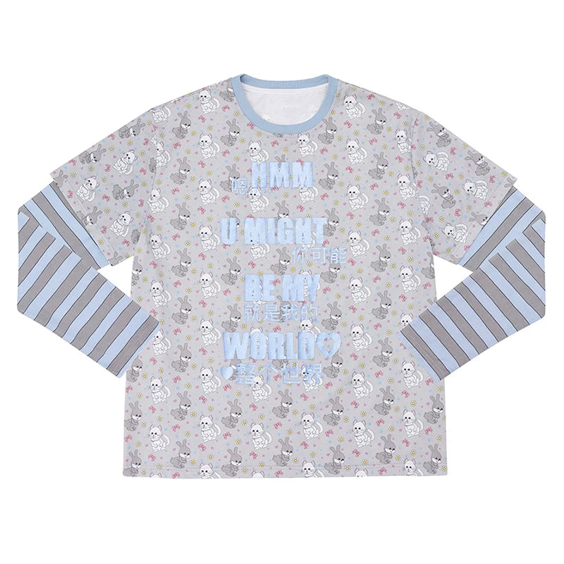CFIERCE Cat & Rabbit Mock-Layered Long Sleeve Tee - blue print mock-layered tee product front