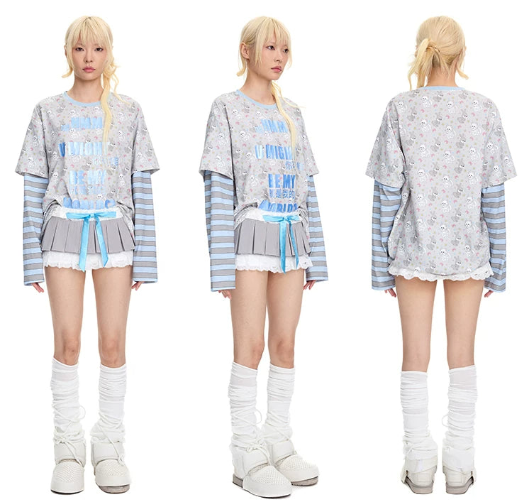 CFIERCE Cat & Rabbit Mock-Layered Long Sleeve Tee - blue print tee modeled front side and rear
