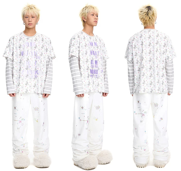 CFIERCE Cat & Rabbit Mock-Layered Long Sleeve Tee - purple print tee modeled front side and rear