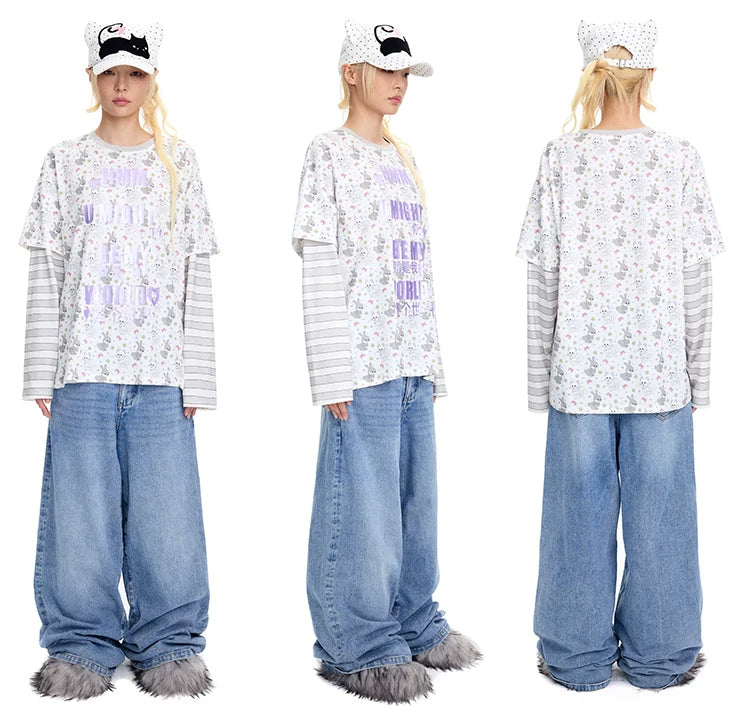 CFIERCE Cat & Rabbit Mock-Layered Long Sleeve Tee - purple print tee modeled with jeans