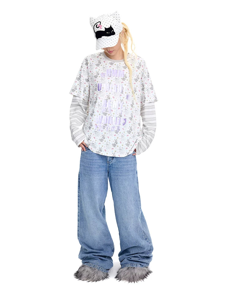 CFIERCE Cat & Rabbit Mock-Layered Long Sleeve Tee - purple print tee worn full length