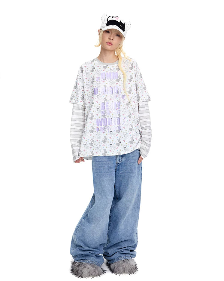 CFIERCE Cat & Rabbit Mock-Layered Long Sleeve Tee - purple print tee worn angled front
