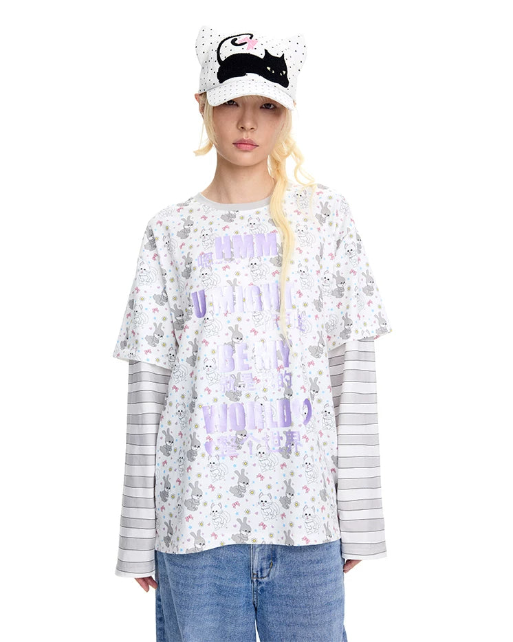 CFIERCE Cat & Rabbit Mock-Layered Long Sleeve Tee - purple print tee worn close front