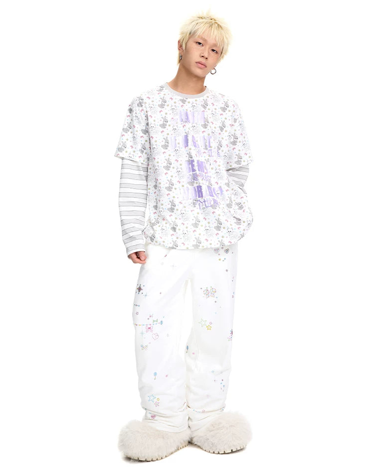 CFIERCE Cat & Rabbit Mock-Layered Long Sleeve Tee - purple print tee worn with white pants
