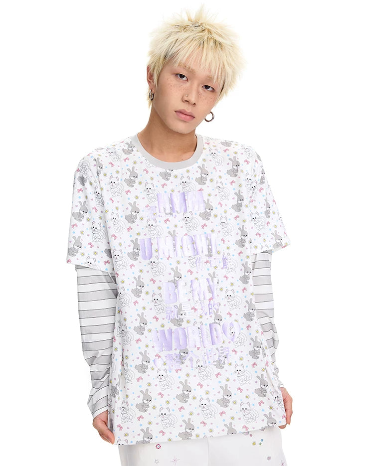 CFIERCE Cat & Rabbit Mock-Layered Long Sleeve Tee - purple print tee portrait
