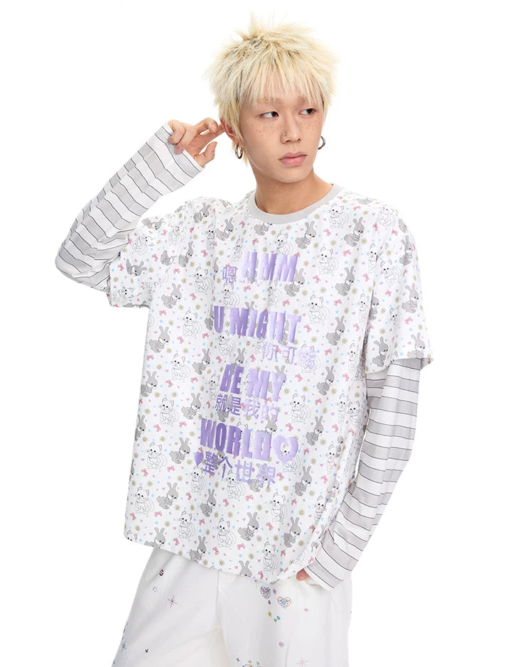 CFIERCE Cat & Rabbit Mock-Layered Long Sleeve Tee - purple print tee portrait and sleeve