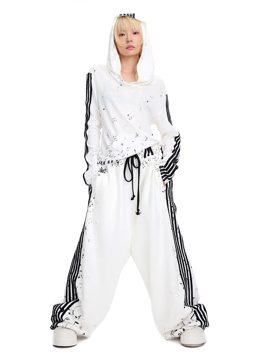 CFIERCE Music Staff Print Wide-Leg Sweatpants - white music staff sweatpants worn front