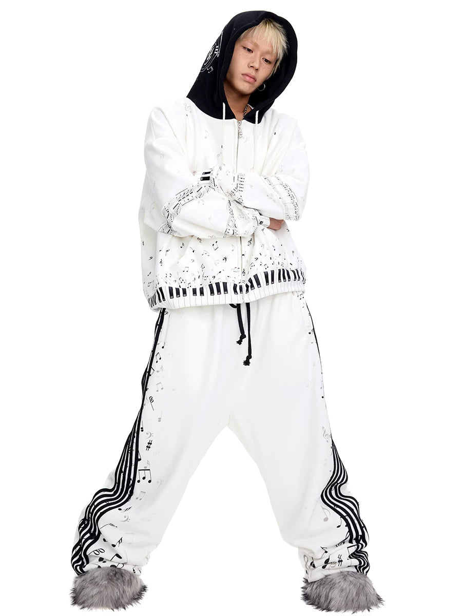CFIERCE Music Staff Print Wide-Leg Sweatpants - white music staff sweatpants worn with matching top