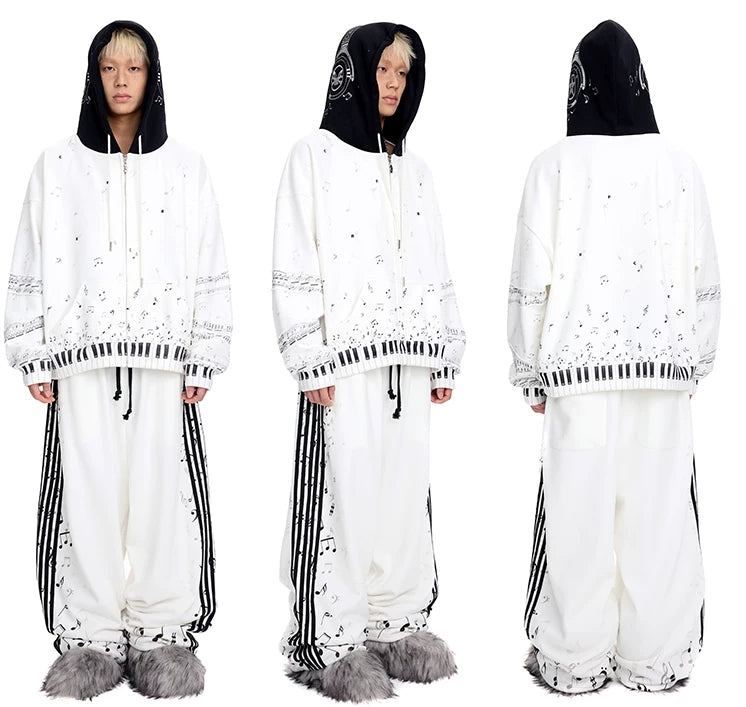 CFIERCE Music Staff Print Wide-Leg Sweatpants - white music staff sweatpants modeled from front side and rear