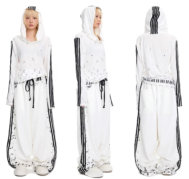 CFIERCE Music Staff Print Wide-Leg Sweatpants - white music staff sweatpants modeled front side and rear