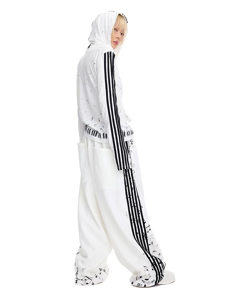 CFIERCE Music Staff Print Wide-Leg Sweatpants - white music staff sweatpants worn profile