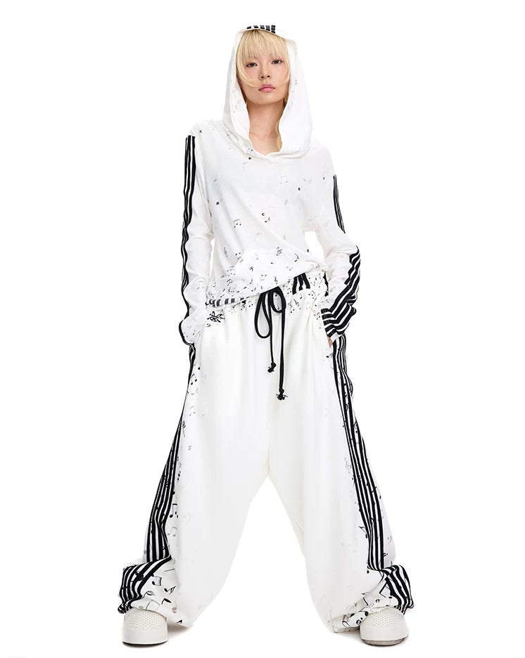 CFIERCE Music Staff Print Wide-Leg Sweatpants - white music staff sweatpants modeled full front