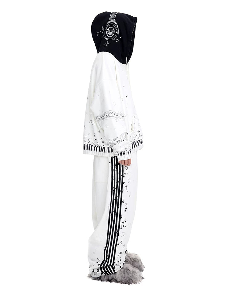 CFIERCE Music Staff Print Wide-Leg Sweatpants - white music staff sweatpants worn profile with matching top