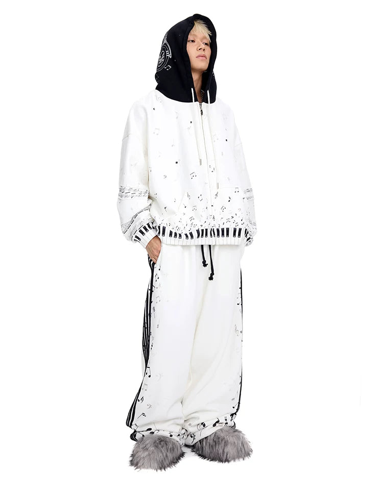 CFIERCE Music Staff Print Wide-Leg Sweatpants - white music staff sweatpants worn front with black hood