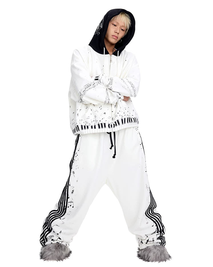 CFIERCE Music Staff Print Wide-Leg Sweatpants - white music staff sweatpants worn wide stance