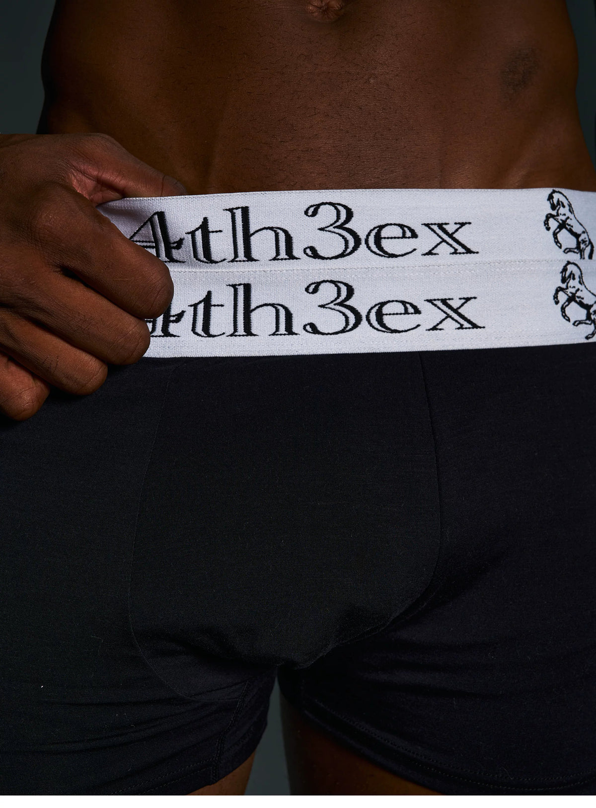 Stretch detail of double white waistband on black boxer briefs