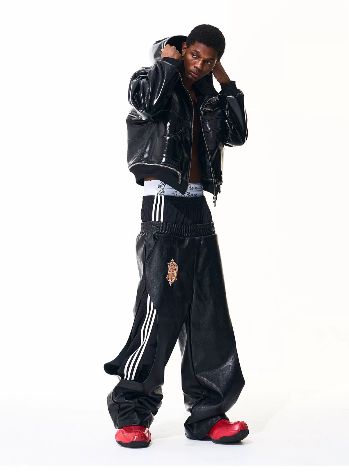 Front angled outfit with wide-leg striped pants