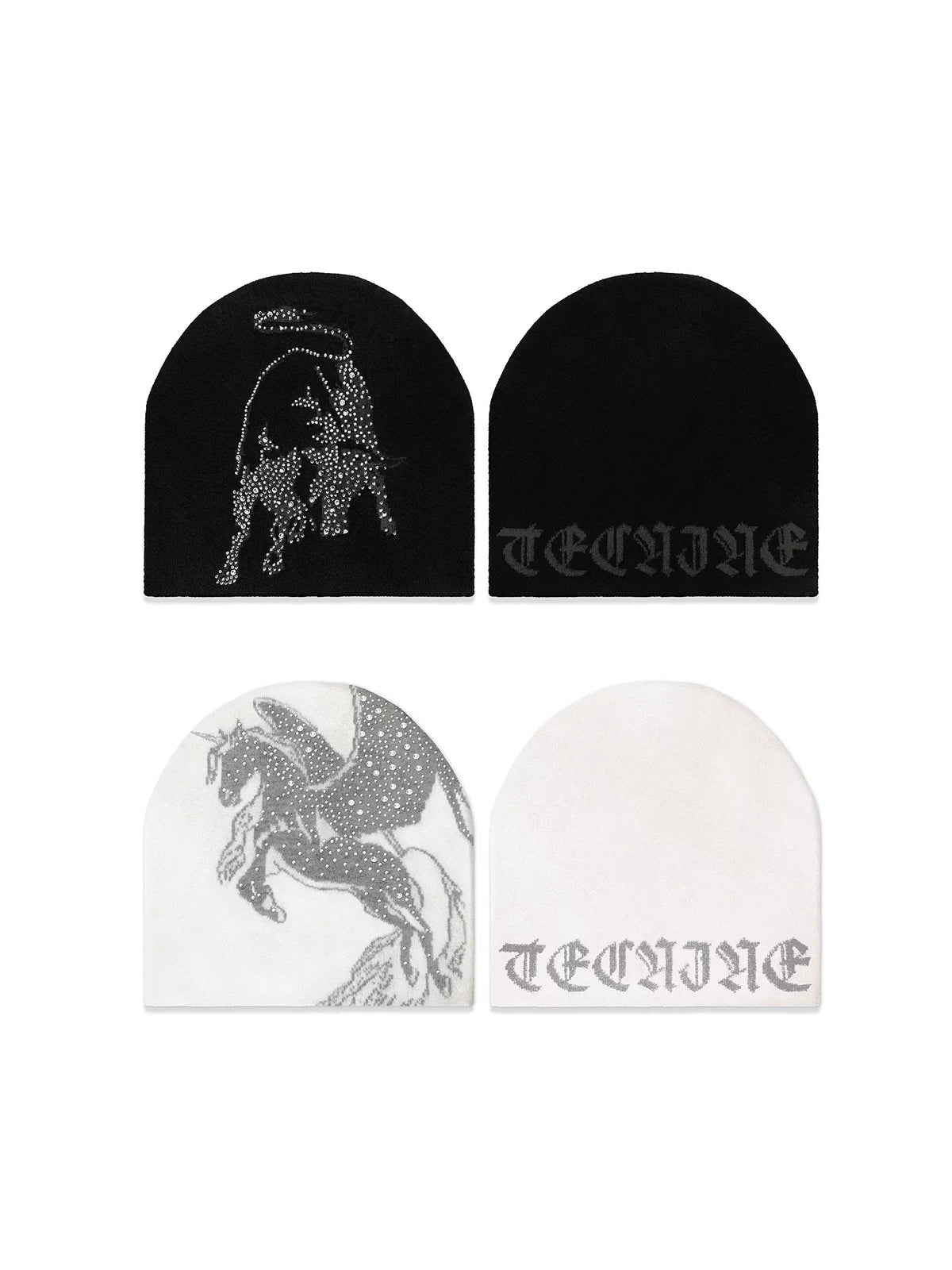 Bull & Pegasus Rhinestone Jacquard Beanie - Black and White flat lay