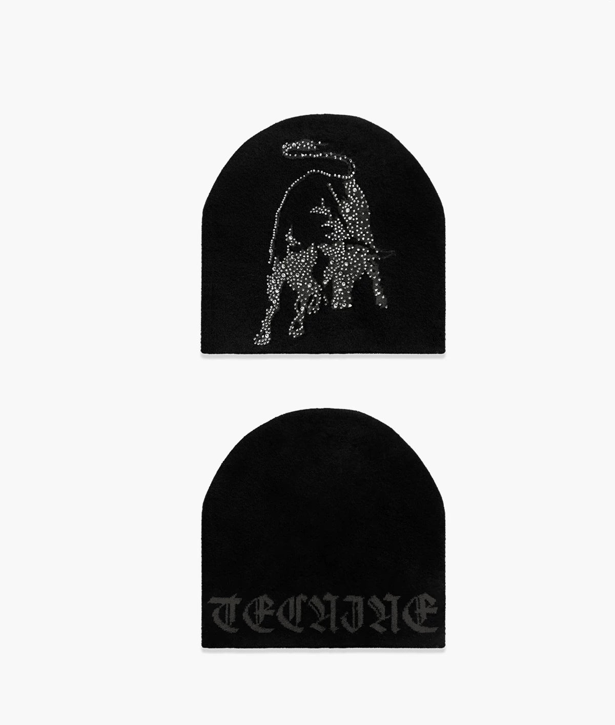 Bull & Pegasus Rhinestone Jacquard Beanie - Black Bull front and back