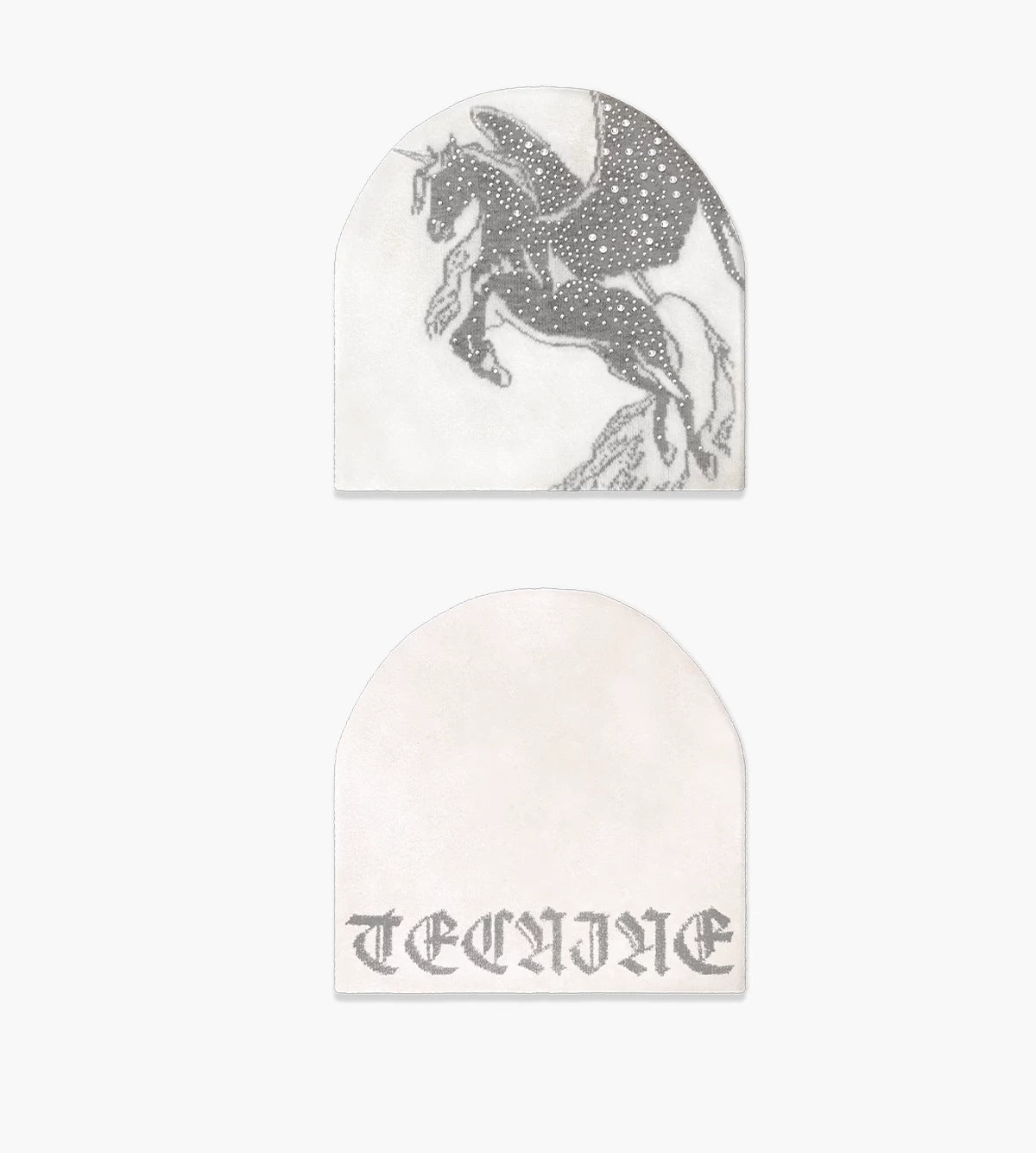 Bull & Pegasus Rhinestone Jacquard Beanie - White Pegasus front and back
