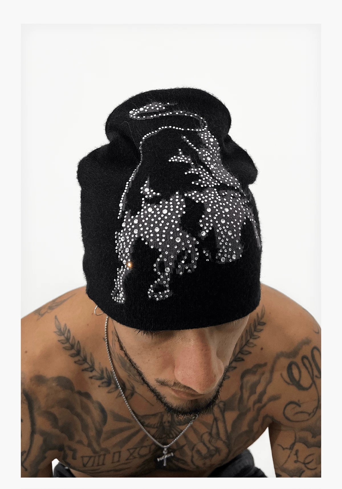 Bull & Pegasus Rhinestone Jacquard Beanie - Black Bull worn front
