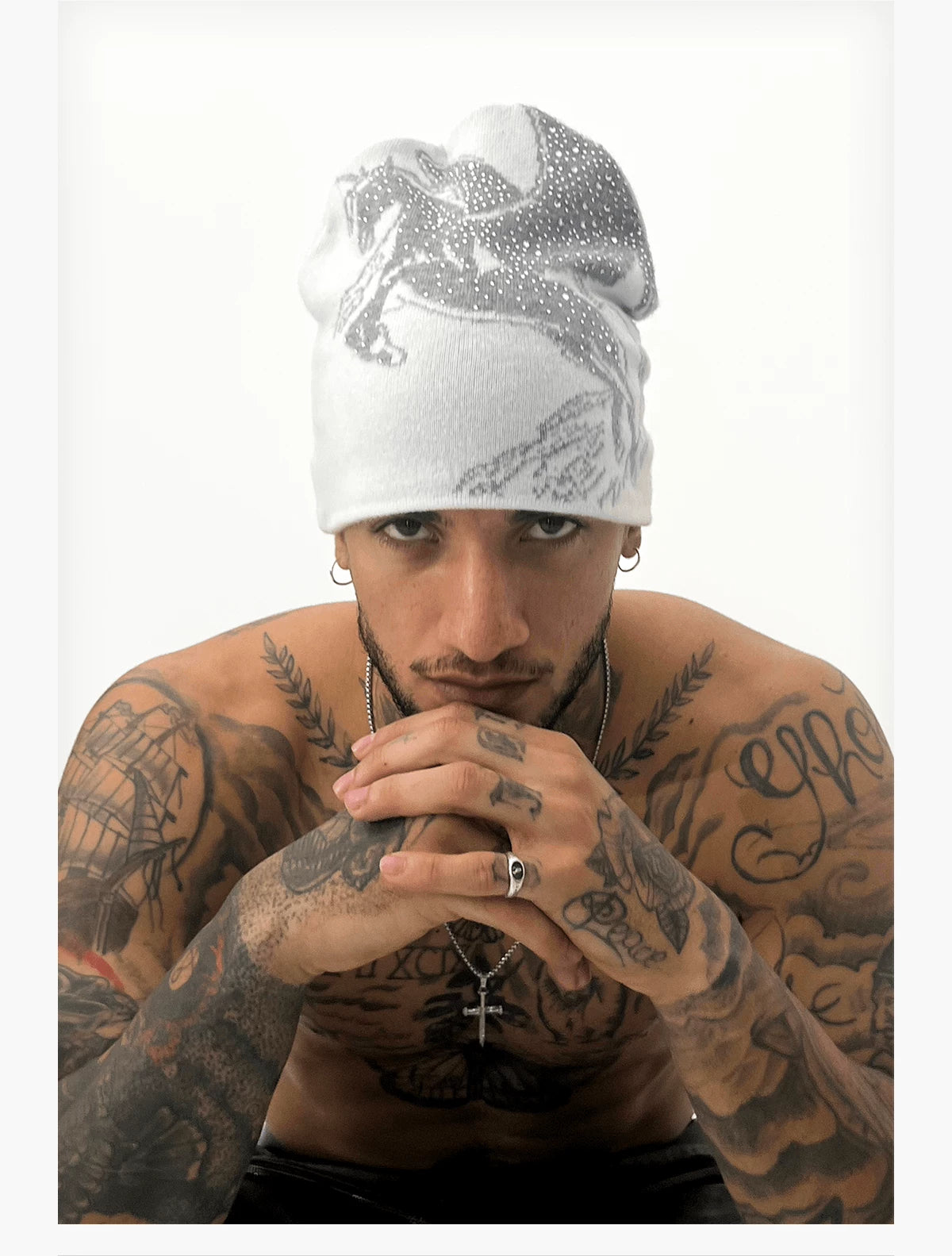 Bull & Pegasus Rhinestone Jacquard Beanie - White Pegasus worn front