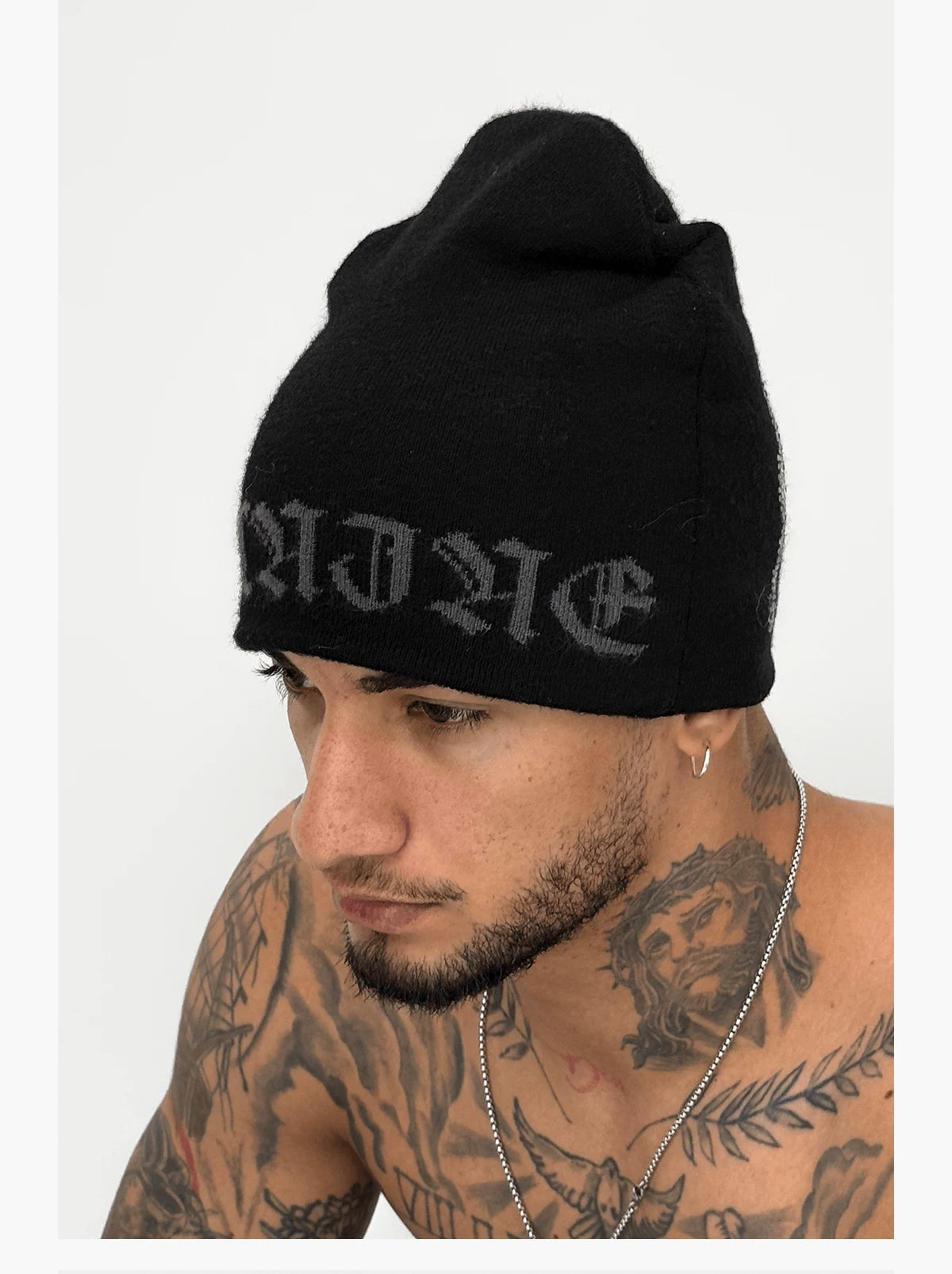 Bull & Pegasus Rhinestone Jacquard Beanie - Black Bull side view