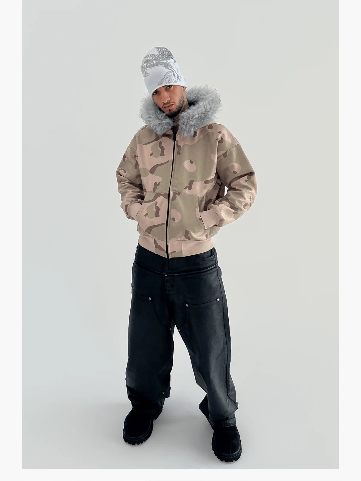 Bull & Pegasus Rhinestone Jacquard Beanie - White Pegasus full outfit