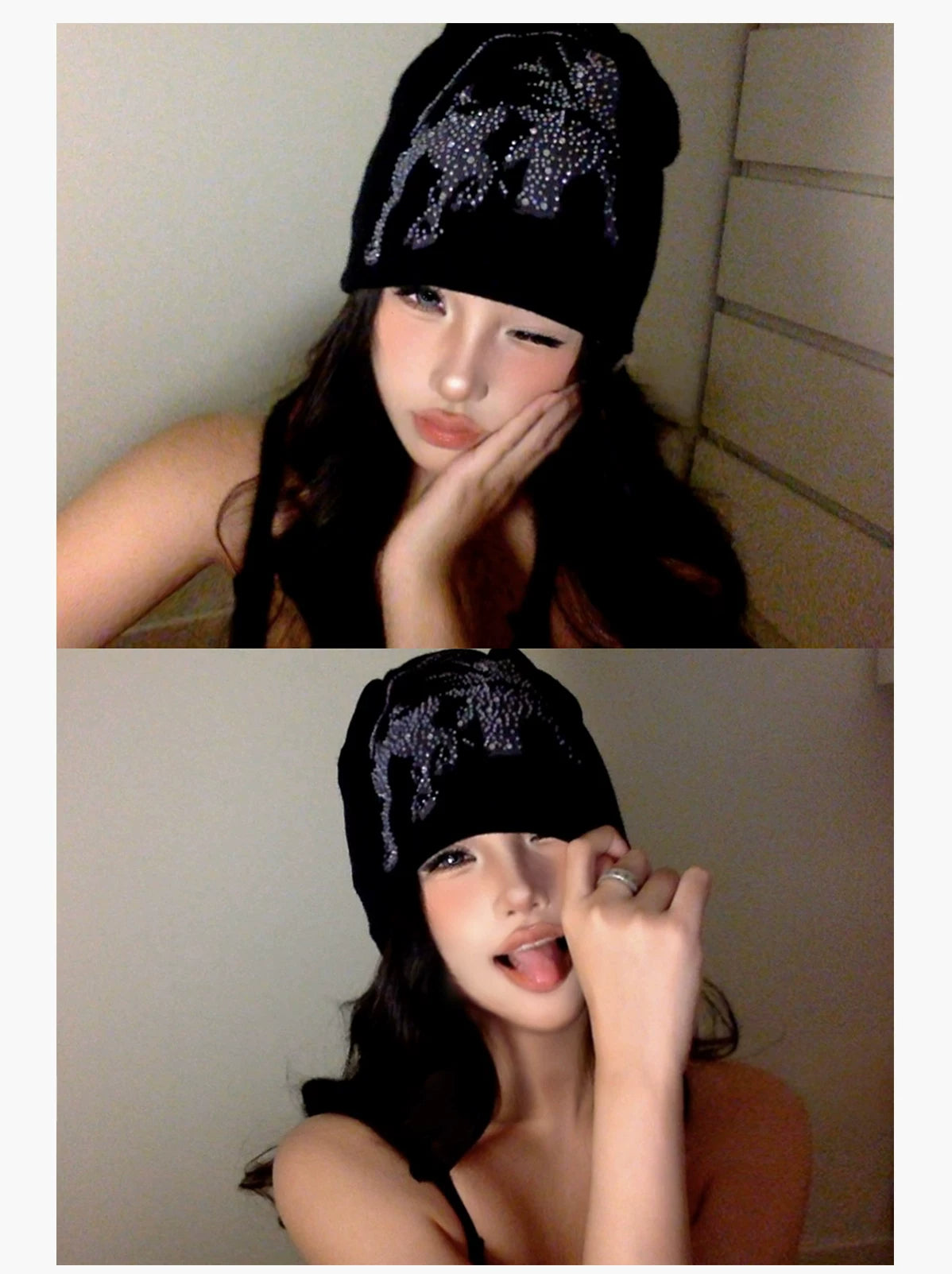 Bull & Pegasus Rhinestone Jacquard Beanie - Black Bull close-up look