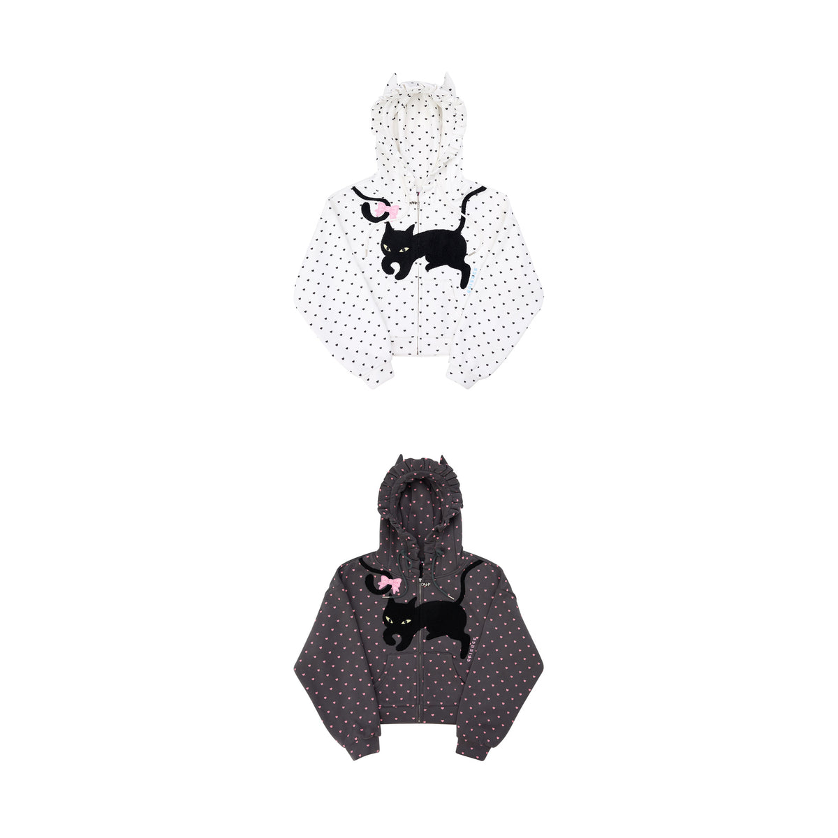 CFIERCE Black Cat Heart Dot Cat-Ear Zip Hoodie - white and gray hoodie front comparison
