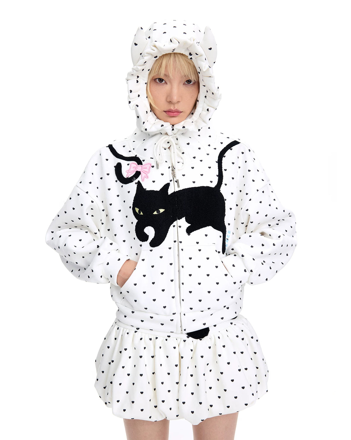 CFIERCE Black Cat Heart Dot Cat-Ear Zip Hoodie - white hoodie model front on white