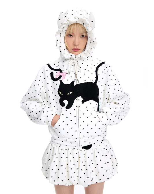 CFIERCE Black Cat Heart Dot Cat-Ear Zip Hoodie - white hoodie model front on white
