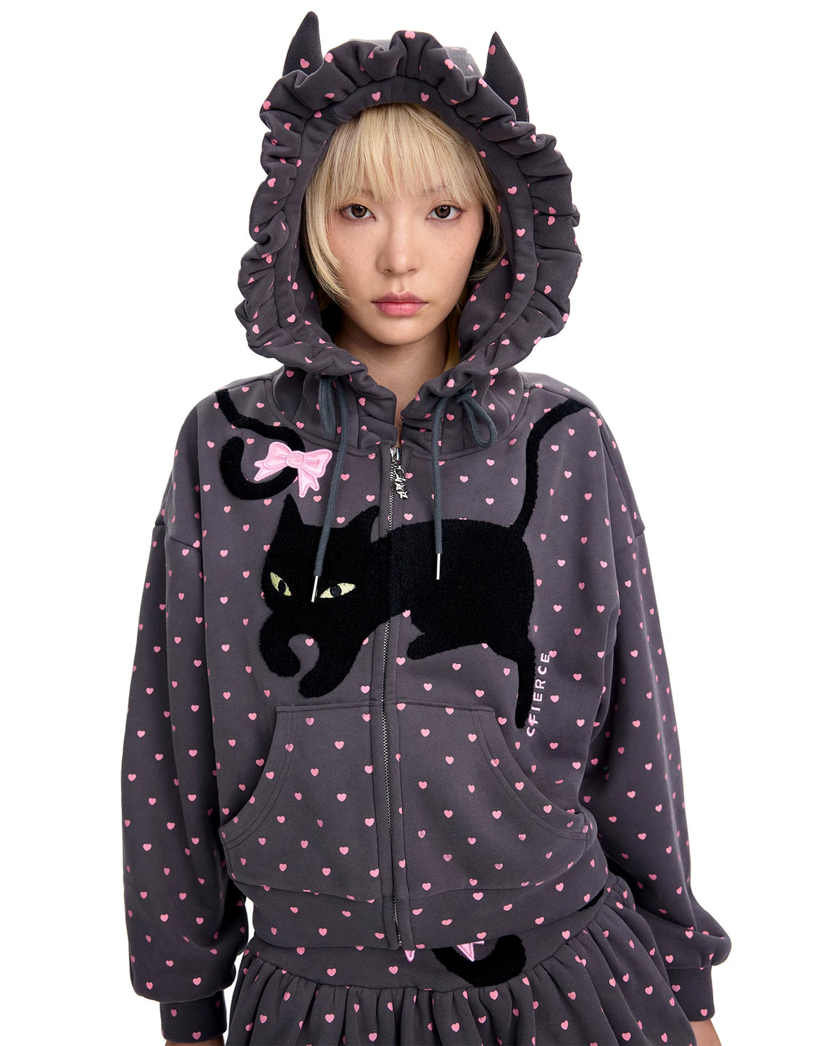 CFIERCE Black Cat Heart Dot Cat-Ear Zip Hoodie - gray hoodie model front close view