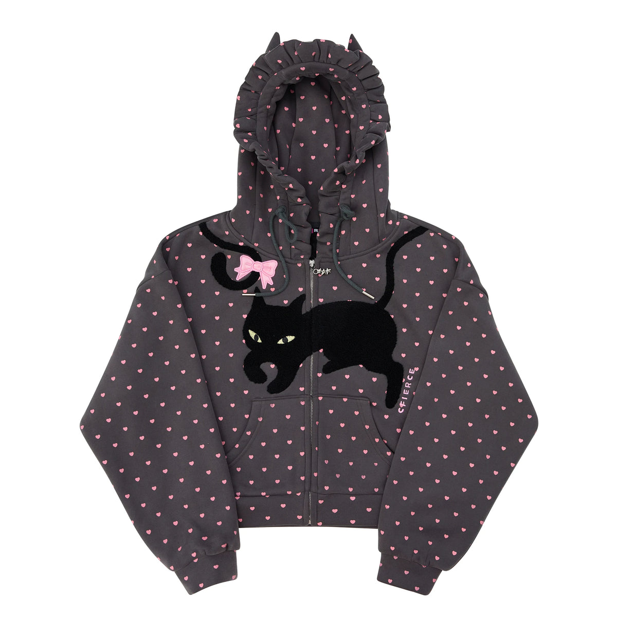 CFIERCE Black Cat Heart Dot Cat-Ear Zip Hoodie - gray hoodie product front