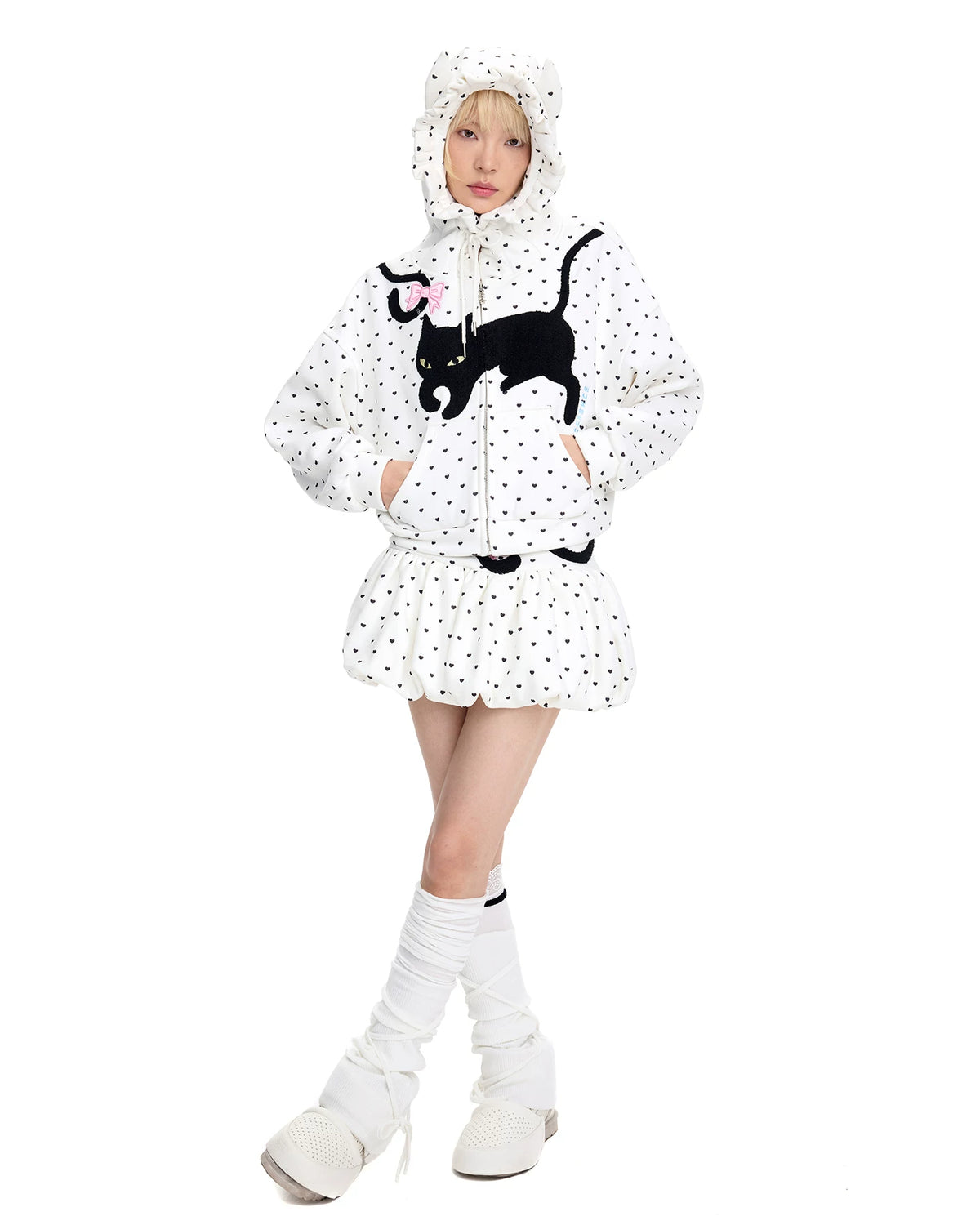 CFIERCE Black Cat Heart Dot Cat-Ear Zip Hoodie - white hoodie model full view on white