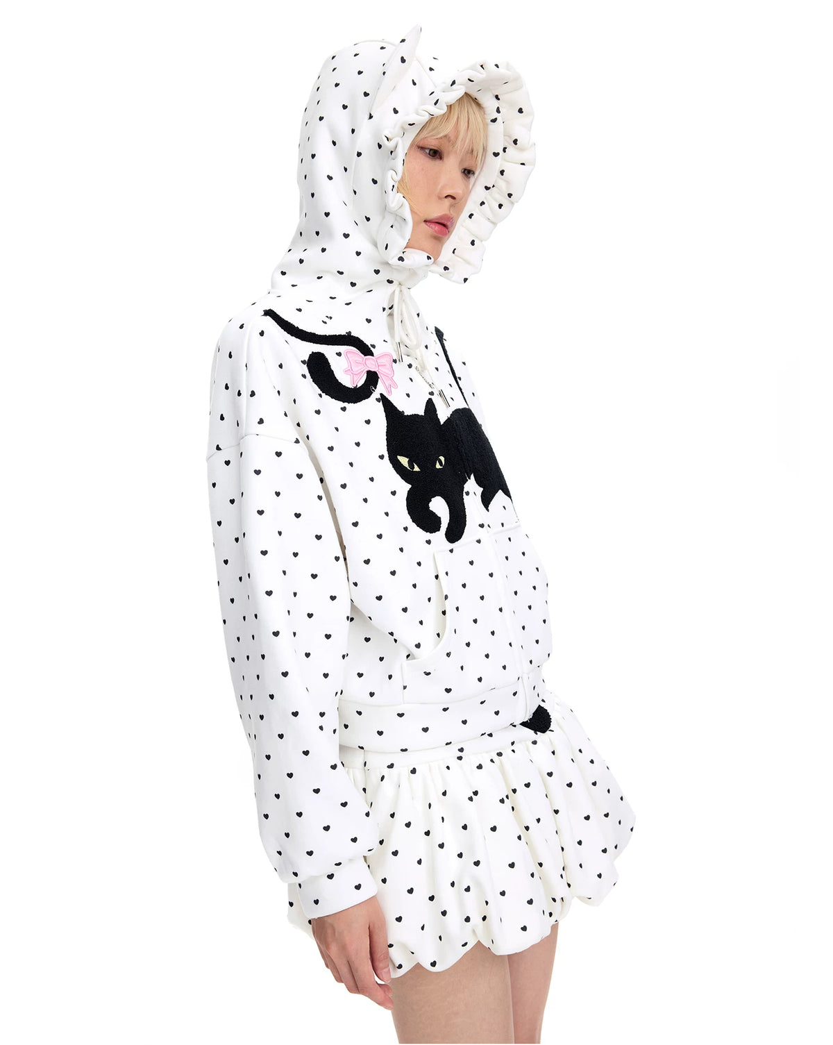 CFIERCE Black Cat Heart Dot Cat-Ear Zip Hoodie - white hoodie model side