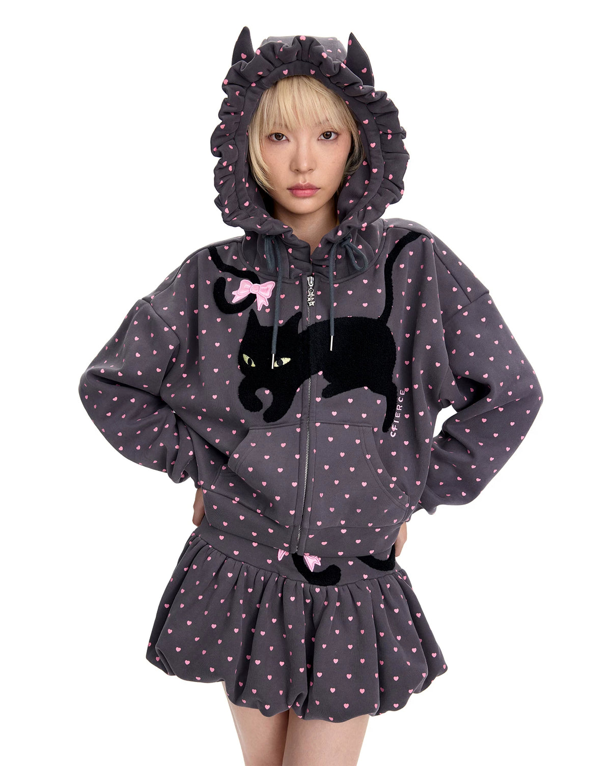 CFIERCE Black Cat Heart Dot Cat-Ear Zip Hoodie - gray hoodie model with hands in pockets