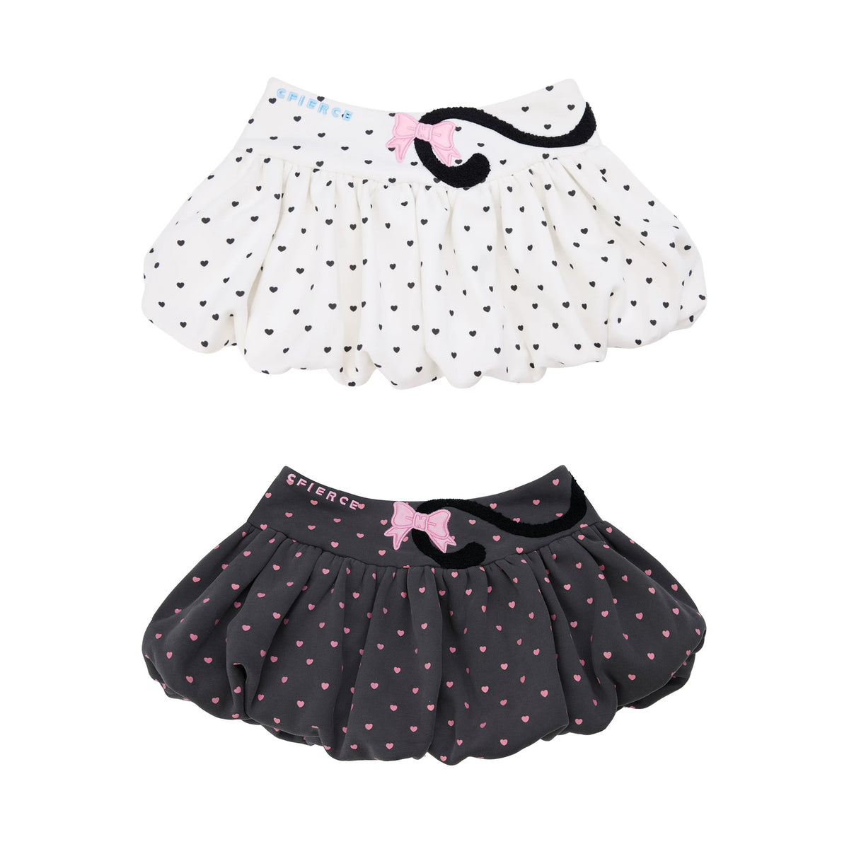 CFIERCE Cat-Tail Heart Dot Bubble Mini Skirt - white and gray heart-dot bubble mini skirts stacked on white
