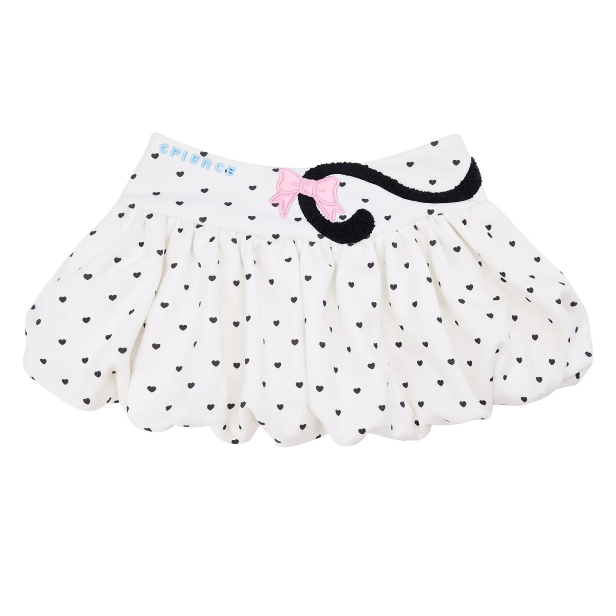 CFIERCE Cat-Tail Heart Dot Bubble Mini Skirt - white bubble mini skirt with black hearts and cat-tail applique