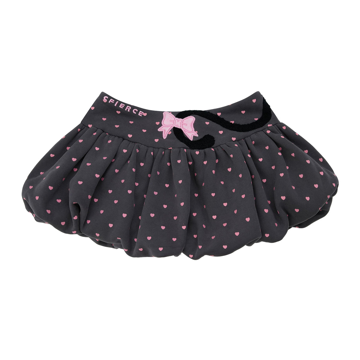 CFIERCE Cat-Tail Heart Dot Bubble Mini Skirt - gray bubble mini skirt with pink hearts and cat-tail applique