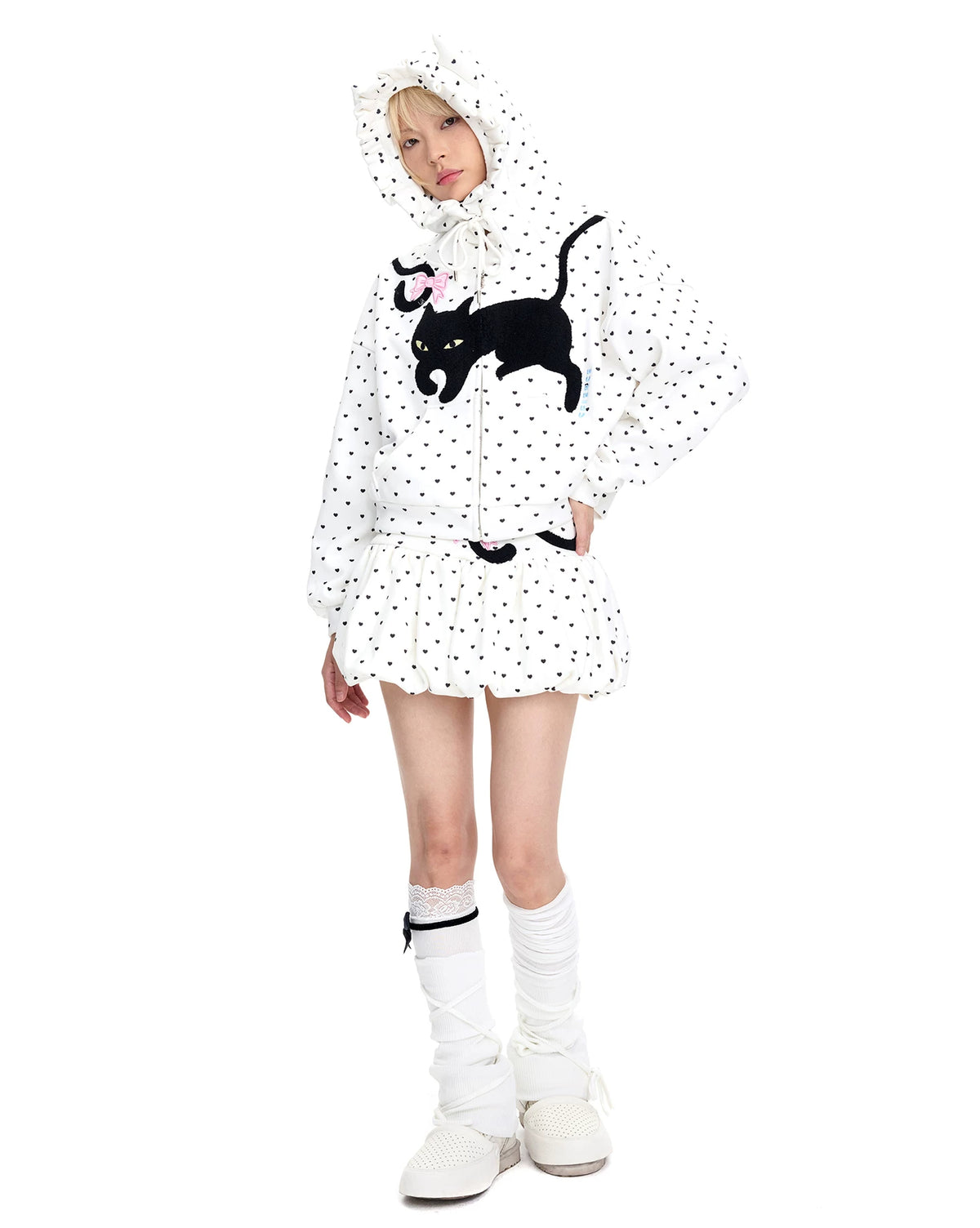 CFIERCE Cat-Tail Heart Dot Bubble Mini Skirt - white heart-dot bubble mini skirt worn full front