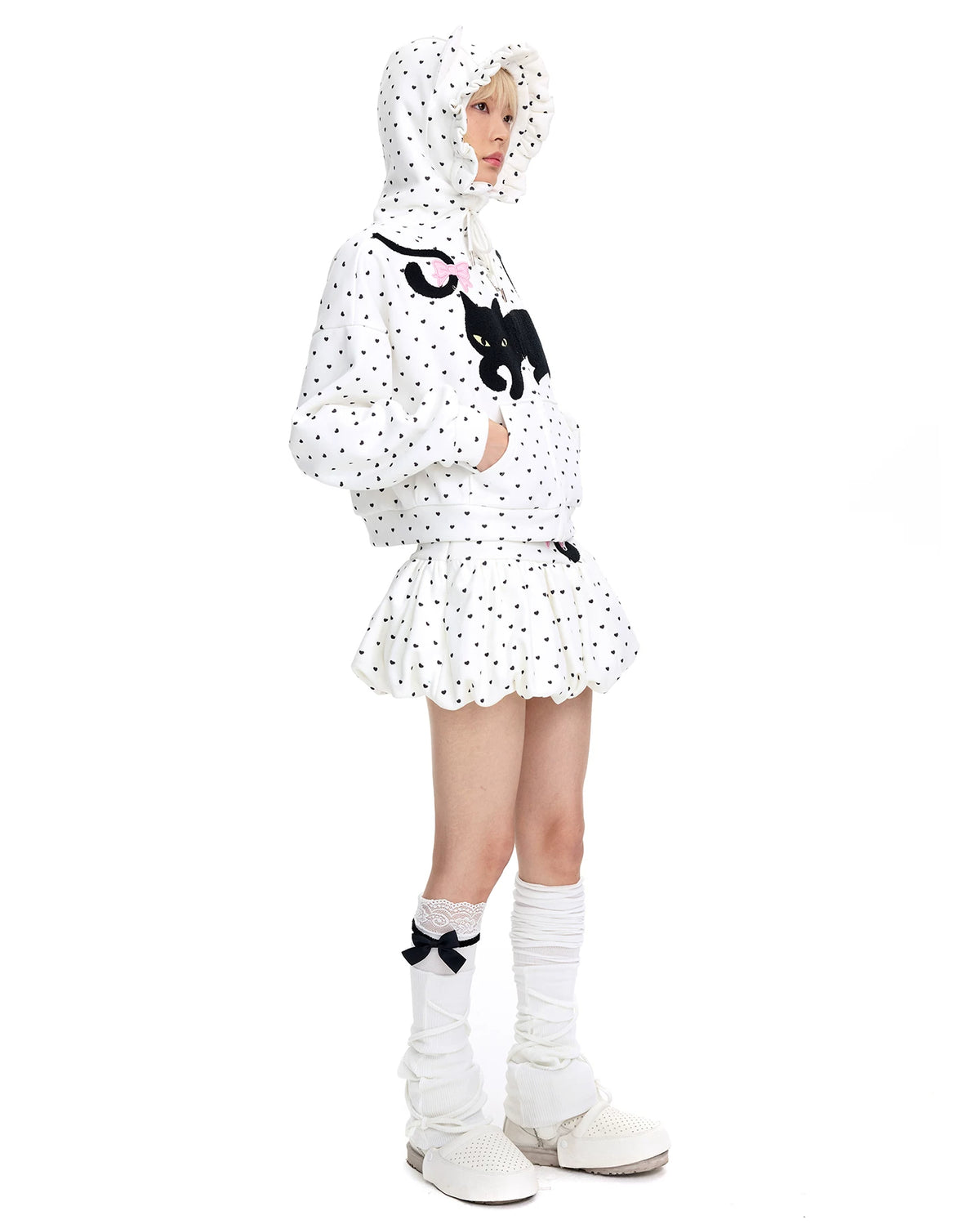 CFIERCE Cat-Tail Heart Dot Bubble Mini Skirt - white heart-dot bubble mini skirt worn from side
